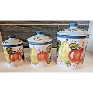 Vintage Set of 3 Graduated Ceramic Black Forest Fruits Canisters Jars (Read)